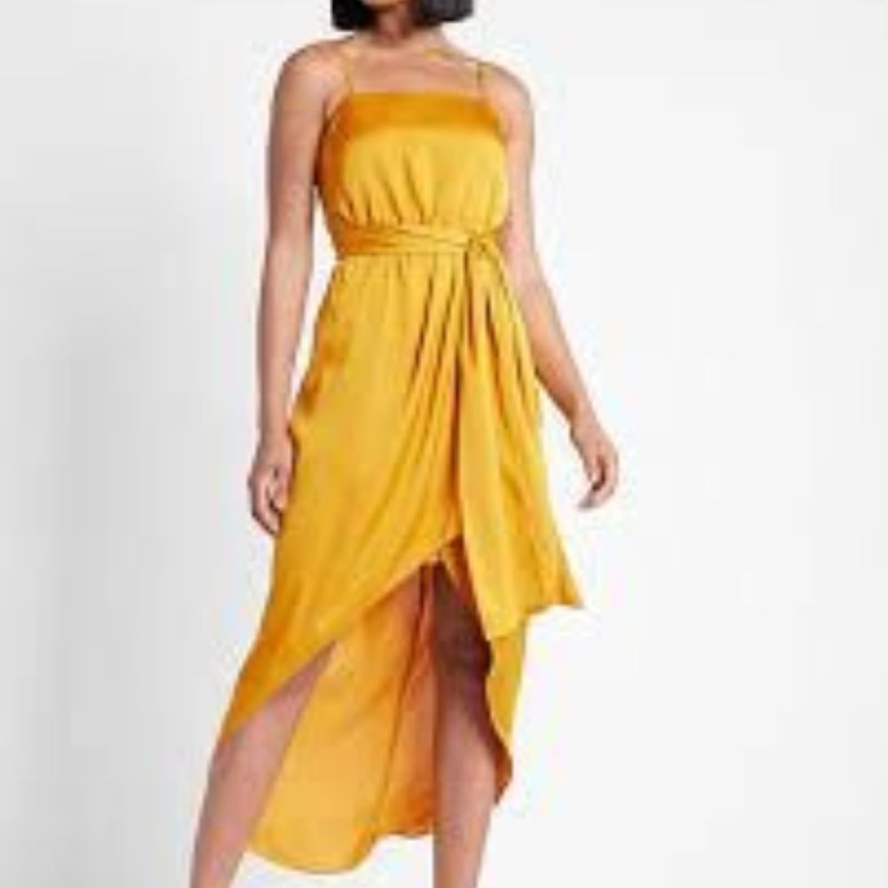 Express Satin Belted Hi-lo Dress in Golden Yellow